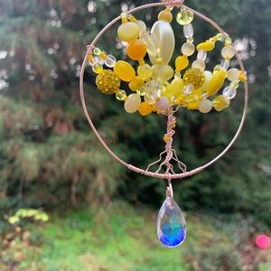 Variegated Yellow with hints of White Beaded Tree of Life Suncatcher on RoseGold
